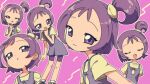 1girl :d ;p closed_eyes closed_mouth dress highres looking_at_viewer multiple_views nzeneee ojamajo_doremi one_eye_closed open_mouth pink_background purple_dress purple_hair segawa_onpu shirt short_hair short_sleeves side_ponytail simple_background smile solo tongue tongue_out violet_eyes yellow_shirt 