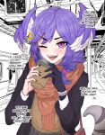  1girl absurdres asymmetrical_arms black_jacket black_nails braid brown_sweater clock coffee_cup cowboy_shot cup disposable_cup english_text fangs head_wings highres jacket long_hair looking_at_viewer mayoa nijisanji nijisanji_en one_eye_closed open_mouth outdoors pov purple_hair selen_tatsuki slit_pupils smile solo sweater tail train_station twin_braids violet_eyes virtual_youtuber wings 