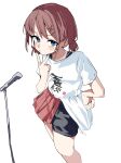  1girl absurdres black_shorts blue_eyes blush brown_hair closed_mouth clothes_writing commentary girls_band_cry half-skirt hand_on_own_hip highres iseri_nina looking_at_viewer low_twintails pleated_skirt raruraru red_skirt shikai_no_sumi_kuchiru_oto shirt shirt_partially_tucked_in short_hair short_sleeves short_twintails shorts shorts_under_skirt simple_background skirt solo twintails v white_background white_shirt witch 