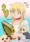  1girl blonde_hair blue_background book braid braided_sidelock bright_pupils character_doll choker closed_mouth dated dog dungeon_meshi elf gradient_background green_eyes grimoire highres holding holding_book long_hair looking_at_object marcille_donato official_art pink_background pointy_ears red_choker shirt stuffed_toy tamura_eimi twin_braids twitter_username white_pupils white_shirt 