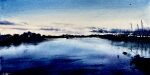  blue_sky boat clouds cloudy_sky highres lake morning no_humans orange_sky original painting_(medium) reflection reflective_water scenery shadow shibakaka sky sunrise traditional_media water watercolor_(medium) watercraft 