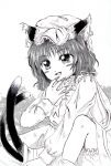  1girl :d animal_ear_piercing animal_ears bloomers bow bowtie cat_ears cat_girl cat_tail chen dress fang fingernails hand_up hat long_fingernails long_sleeves medinki mob_cap monochrome multiple_tails official_style open_mouth short_hair smile solo tail touhou two_tails zun_(style) 