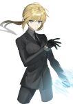  1girl artoria_pendragon_(fate) black_gloves black_jacket black_necktie black_pants black_suit blue_eyes bracelet closed_mouth collared_shirt cropped_legs expressionless eyes_visible_through_hair fate/zero fate_(series) gloves grey_shirt hair_between_eyes hand_up highres invisible_air_(fate) jacket jewelry jitome long_hair long_sleeves looking_at_viewer necktie pants ponytail shirt simple_background solo suit tokoni_fusu white_background wing_collar 