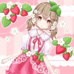  1girl brown_eyes brown_hair collared_shirt earrings flower food food-themed_clothes food-themed_earrings fruit hair_flower hair_ornament jewelry leaf_hair_ornament low_twintails neck_ribbon original parted_lips ribbon shirt short_sleeves skirt solo strawberry strawberry_earrings suspender_skirt suspenders temari_latte twintails 