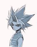  1boy belt belt_collar bright_pupils closed_mouth collar expressionless from_side gokunobaka looking_at_viewer male_focus monochrome shirt simple_background sketch sleeveless sleeveless_shirt solo spiky_hair white_background white_pupils yami_yugi yu-gi-oh! yu-gi-oh!_duel_monsters 