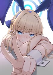  1girl absurdres animal_ears blonde_hair blue_archive blue_eyes blue_halo blunt_bangs blush bunny_day closed_mouth commentary_request fake_animal_ears foreshortening halo highres long_hair looking_at_viewer olecafe2 rabbit_ears solo toki_(blue_archive) toki_(bunny)_(blue_archive) upper_body v 