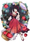  1girl apple arm_support artist_request basket black_hair blunt_bangs broken_mirror bungou_stray_dogs collarbone dress flower food frilled_dress frills fruit full_body hair_ribbon holding holding_food holding_fruit lipstick long_sleeves looking_at_viewer makeup mirror official_art puffy_sleeves red_apple red_dress red_footwear red_lips red_ribbon ribbon shoes short_hair sitting smile solo third-party_source transparent_background violet_eyes yosano_akiko 
