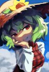  1girl blue_sky brown_hat closed_mouth clouds commentary english_commentary flower green_hair hand_on_own_face hat hat_flower highres kazami_yuuka long_sleeves looking_at_viewer outdoors red_eyes short_hair signature sky smile solo touhou upper_body zuomerika 