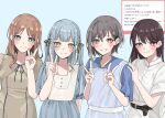  4girls absurdres bang_dream! bang_dream!_it&#039;s_mygo!!!!! black_ribbon blue_background blue_dress blue_eyes blue_hair blush bright_pupils brown_dress brown_hair closed_mouth commentary_request double_v dress grey_hair hair_ribbon hand_on_another&#039;s_shoulder highres long_hair marshmallow_(site) mole mole_under_eye multiple_girls nagasaki_soyo nanami_(nunnun_0410) parted_lips red_eyes request_inset ribbon shiina_taki short_hair short_sleeves simple_background smile takamatsu_tomori togawa_sakiko translation_request two_side_up upper_body v violet_eyes white_dress white_pupils yellow_eyes 