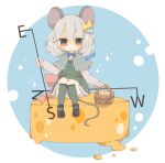  1girl animal_ears basket black_footwear blue_capelet blush capelet cheese chibi dowsing_rod food full_body grey_capelet grey_hair jewelry mouse_ears mouse_girl mouse_tail nazrin pendant shoes sitting solo tail thigh-highs touhou white_thighhighs yaco_(nuitnotte) 