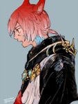 1boy animal_ears cat_ears crystal_exarch dated final_fantasy final_fantasy_xiv g&#039;raha_tia grey_background itowo_(itowc) male_focus miqo&#039;te open_mouth ponytail profile red_eyes redhead simple_background solo upper_body 