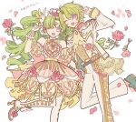  1boy 1girl ascot bad_id bad_pixiv_id boots colored_eyelashes crossover dress ensemble_stars! falulu_(awakened) flower foot_out_of_frame forehead_jewel gold_trim green_hair grey_eyes hair_between_eyes hand_up headphones high_heel_boots high_heels idol_clothes jacket long_hair long_sleeves looking_at_viewer meremero one_eye_closed open_mouth pants parted_bangs petals pretty_series pripara red_flower red_rose rose rose_petals shoes short_hair sidelocks sleeveless sleeveless_dress smile standing standing_on_one_leg tomoe_hiyori translation_request twintails v very_long_hair violet_eyes white_footwear white_jacket white_pants wrist_cuffs 