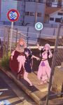  3girls absurdres black_bulls_(emblem) black_capelet black_clover black_dress black_footwear black_hair capelet chain-link_fence closed_eyes double_v dress fence golden_dawn_(emblem) google_maps google_street_view grey_hair hair_ribbon hashtag-only_commentary high_school_girls_posing_for_google_street_view_(meme) highres kisany long_hair looking_at_viewer meme mimosa_vermillion multiple_girls noelle_silva photo-referenced pink_eyes purple_dress red_eyes redhead ribbon secre_swallowtail short_hair smile twintails v 