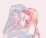  2girls blue_hair collared_shirt commentary_request grey_sweater hand_on_another&#039;s_shoulder hug imminent_kiss korean_commentary long_hair love_live! love_live!_sunshine!! matsuura_kanan multiple_girls neck_ribbon noses_touching one_eye_closed parted_lips pink_background pito_(sh02327) ponytail redhead ribbon sakurauchi_riko shirt simple_background sweater upper_body white_shirt yuri 