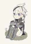  1boy blue_eyes blush_stickers boots chibi expressionless flower gloves jacket knees_up looking_at_viewer male_focus malt_40 nier nier_(brother) nier_(series) sitting sketch solo white_hair 