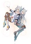  2girls animal_ear_fluff animal_ears armor black_bodysuit bodysuit boots breasts cat_ears cat_girl chest_jewel closed_mouth commentary dated_commentary full_body grey_hair grey_jacket hehe_jun high_heel_boots high_heels highres holding_hands jacket long_hair m_(xenoblade) medium_breasts medium_hair midriff_peek mio_(xenoblade) multiple_girls navel open_clothes open_jacket open_mouth pantyhose simple_background skirt smile white_background white_footwear white_skirt xenoblade_chronicles_(series) xenoblade_chronicles_3 yellow_eyes 