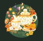  cup cupcake flower food food_focus fruit highres icing jack-o&#039;-lantern no_humans orange_(fruit) orange_slice original pastry pinecone rabbit saucer steam subaru_(jack) tea tea_set teacup teapot 