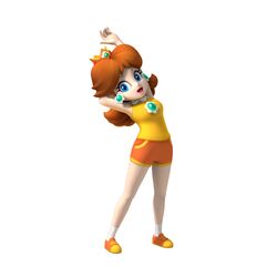  1girl 3d absurdres arm_behind_head armpits blue_eyes breasts brooch collared_shirt earrings flower_earrings full_body gem green_gemstone hair_flaps happy head_tilt highres jewelry leaning_to_the_side legs long_hair looking_at_viewer mario_&amp;_sonic_(series) mario_&amp;_sonic_at_the_olympic_games medium_breasts official_art open_mouth orange_footwear orange_hair orange_shorts outstretched_arm pocket princess_daisy shirt shoes short_shorts shorts sidelocks simple_background sleeveless sleeveless_shirt smile socks solo sportswear standing stretching super_mario_bros. thighs third-party_source tongue white_background white_socks yellow_shirt yellow_trim 