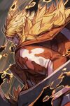  1boy blonde_hair brown_jacket from_behind guilty_gear guilty_gear_strive hankuri holding holding_weapon jacket leo_whitefang long_hair male_focus serious solo spiky_hair upper_body weapon 