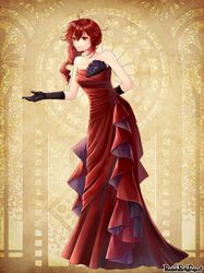  1girl arm_behind_back black_gloves breasts copyright_name dress full_body gloves long_hair neko2noko outstretched_hand pandora_party_project red_dress red_eyes sleeveless sleeveless_dress small_breasts smile solo yellow_background 