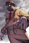  1boy belt brown_coat brown_hat coat collared_shirt cowboy_shot from_below gloves glowing glowing_eyes hankuri mask necktie q_(street_fighter) red_necktie shirt solo street_fighter street_fighter_iii_(series) white_gloves white_shirt 