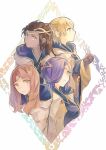  4girls blonde_hair breasts brown_hair fire_emblem fire_emblem_heroes gold_trim hair_over_one_eye highres hood hood_down hooded_robe hukashin kiran_(female)_(fire_emblem) kiran_(fire_emblem) large_breasts long_hair looking_at_viewer looking_to_the_side multiple_girls open_mouth ponytail purple_hair robe white_robe 