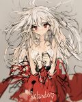  1girl arms_up artist_name bad_id bad_pixiv_id bare_shoulders dress english_text floating_hair heart light_smile long_hair looking_at_viewer original qtonagi red_eyes sleeveless solo standing white_hair 