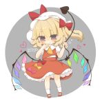  1girl ascot bat_wings blonde_hair blush chibi crystal flandre_scarlet full_body hat hat_ribbon laevatein_(touhou) mob_cap multicolored_wings one-hour_drawing_challenge one_side_up puffy_short_sleeves puffy_sleeves red_eyes red_skirt red_vest ribbon short_sleeves side_ponytail skirt skirt_set solo thigh-highs touhou vest white_hat wings yaco_(nuitnotte) yellow_ascot 