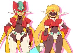  armor assault_visor black_bodysuit blonde_hair bodysuit cropped_jacket energy_sword facial_mark forehead_jewel forehead_mark girouette_(mega_man) hand_on_own_hip holding holding_sword holding_weapon jacket kon_(kin219) long_hair looking_at_another mega_man_(series) mega_man_zx mega_man_zx_advent model_z_(mega_man) model_zx_(mega_man) one_eye_closed open_clothes open_jacket power_armor red_armor red_helmet red_jacket sword trait_connection vent_(mega_man) weapon white_background z_saber 