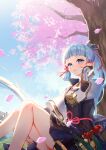  arched_bangs armor blue_eyes blue_hair cherry_blossoms chinese_commentary chinese_knot commentary_request crest day falling_petals feet_out_of_frame genshin_impact gold_trim hand_up harushio highres japanese_armor kamisato_ayaka light_blue_hair light_blush long_hair looking_at_viewer outdoors petals pink_nails sitting sky sunlight tassel tree white_sleeves 