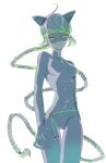  1girl animal_ears bodysuit braid cat_ears cat_girl green_hair grey_bodysuit grey_mask highres lady_noir long_hair marinette_dupain-cheng mask miraculous_ladybug seio_(nao_miragggcc45) simple_background single_braid slit_pupils smile solo superhero_costume white_background yellow_eyes 