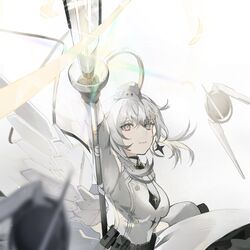  1girl absurdres belt belt_pouch black_belt black_necktie cross cross_earrings dress earrings garrison_cap gown grey_dress grey_eyes grey_hair hair_ornament halo hat highres holding holding_staff jewelry liv:_empyrea_(punishing:_gray_raven) liv_(punishing:_gray_raven) long_sleeves mechanical_halo mechanical_wings necktie pouch punishing:_gray_raven staff wings x_hair_ornament xu8m0evev4ajcc5 