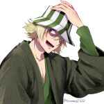  1boy :d beard_stubble bleach blonde_hair brown_eyes commentary_request facial_hair green_kimono hair_between_eyes hand_on_headwear hat japanese_clothes kimono looking_at_viewer lower_teeth_only male_focus mature_male open_mouth shaded_face short_hair simple_background smile solo soraao0322 striped_clothes striped_headwear stubble teeth twitter_username upper_body urahara_kisuke white_background 