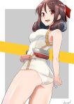  1girl alternate_costume armpits breasts brown_hair cosplay cowboy_shot drill_hair groin harukaze_(kancolle) highres kantai_collection kote_(dew) looking_at_viewer looking_back maru-yu_(kancolle) maru-yu_(kancolle)_(cosplay) medium_breasts off_shoulder one-piece_swimsuit open_mouth red_eyes school_swimsuit simple_background smile solo swimsuit twin_drills white_one-piece_swimsuit 