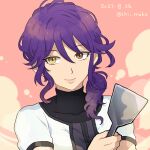  1girl alternate_costume alternate_hairstyle chiimako closed_mouth curly_hair gina_(gnosia) gnosia hair_between_eyes heterochromia long_hair long_sleeves looking_at_viewer medium_hair messy_hair purple_hair side_ponytail simple_background smile solo upper_body 