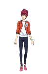  1boy black_pants bracelet brown_eyes closed_mouth full_body highres ikebukuro_ace jacket jewelry king_of_prism king_of_prism:_shiny_seven_stars looking_at_viewer male_focus official_art open_clothes open_jacket orange_jacket pants pink_footwear pretty_rhythm pretty_series redhead second-party_source shirt shoes short_hair simple_background smile solo standing tachi-e transparent_background white_shirt 