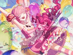  1girl animal balloon closed_eyes commentary confetti crossover curly_hair cutie_mark dress english_commentary frills happy highres long_hair my_little_pony my_little_pony:_friendship_is_magic ootori_emu open_mouth pink_hair pinkie_pie pony_(animal) project_sekai ryuh_(asahina_neru) short_hair smile tail 