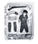  1boy action_figure artist_name black_hair commentary fear_&amp;_hunger fear_&amp;_hunger_2:_termina gun handgun hanstrmoft highres jumpsuit levi_(fear_&amp;_hunger) model_kit monochrome objectification rifle short_hair simple_background solo toy toy_packaging weapon white_background 