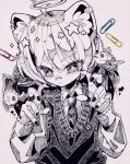  1boy 2023 animal_ears ballpoint_pen_(medium) bandaid bandaid_on_ear bandaid_on_face bandaid_on_nose basilew6 bell bishounen blush bright_pupils cat_ears collared_shirt commentary crosshatching dated diamond-shaped_pupils diamond_(shape) dotted_line double-parted_bangs ear_piercing fingerless_gloves fish gloves greyscale hair_between_eyes hair_ornament half-closed_eyes halo hands_up hatching_(texture) highres jingle_bell linear_hatching long_sleeves male_focus mixed_media monochrome nail_polish necktie original piercing shirt short_hair signature split_mouth spot_color star_(symbol) star_hair_ornament sweater_vest symbol-only_commentary symbol-shaped_pupils traditional_media tsurime upper_body v-shaped_eyebrows wing_collar 