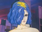  1980s_(style) 1girl blue_eyes blue_hair building character_request clouds dusk key_visual megazone_23 multicolored_hair official_art pink_lips production_art promotional_art retro_artstyle scan science_fiction traditional_media umetsu_yasuomi upper_body window 