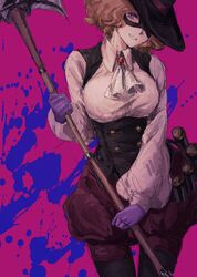  1girl ascot axe black_vest blood blue_blood blush brown_hair buttons cowboy_shot domino_mask double-breasted explosive gloves grenade hat_feather hat_over_one_eye highres holding holding_axe long_sleeves looking_at_viewer mask okumura_haru pants persona persona_5 pink_background pink_shirt purple_gloves purple_pants shirt short_hair simple_background sketch smile solo vest violet_eyes wuzeiyu 