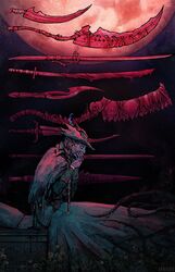  1other arnaerr artist_name bed black_hair blood bloodborne braid cloak coat ebrietas_daughter_of_the_cosmos flower hat hat_feather highres hunter_(bloodborne) long_hair long_sleeves moon rakuyo_(bloodborne) red_moon saw saw_cleaver tricorne weapon 