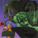  1990s_(style) 1boy bishounen blue_hair cape cover dvd_cover english_commentary flower flower_in_mouth galluss-j gundam gundam_zz hamma_hamma highres key_visual kitazume_hiroyuki long_hair looking_at_viewer mashymre_cello mecha military mobile_suit official_art promotional_art retro_artstyle robot rose scan science_fiction traditional_media uniform upper_body 