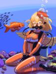 1girl absurdres bird_wings blonde_hair bodysuit breasts closed_eyes commentary_request diving_mask diving_regulator diving_suit feathered_wings fish flippers goggles highres nicoseiga_26694557 niwatari_kutaka orange_wetsuit oxygen_tank redhead scuba scuba_gear scuba_tank short_hair sitting skin_tight small_breasts solo tail touhou underwater wariza wetsuit wings yellow_tail yellow_wings 