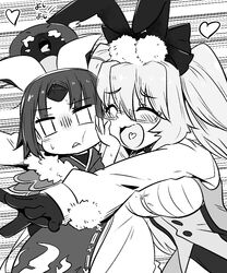  2girls :&lt; :d ^_^ animal_ears beni-enma blush breasts closed_eyes commentary_request fake_animal_ears fate/grand_order fate_(series) glasses gloves greyscale hand_on_another&#039;s_face heart heart_in_mouth japanese_clothes kimono koyanskaya_(fate) long_hair long_sleeves medium_breasts monochrome multiple_girls neon-tetora parted_bangs parted_lips puffy_long_sleeves puffy_sleeves rabbit_ears semi-rimless_eyewear smile tamamo_(fate) triangle_mouth turn_pale twintails under-rim_eyewear vest wavy_eyes 