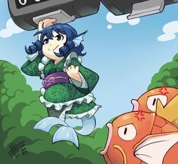  1girl anger_vein blue_hair clouds cloudy_sky double_dealing_character drill_hair drill_sidelocks fins fish frilled_kimono frills grass_root_youkai_network green_kimono head_fins japanese_clothes kimono kneeless_mermaid looking_up magikarp mateus_upd mermaid monster_girl obi obijime pokemon pokemon_(creature) pokemon_colosseum sash sidelocks signature sky smile tally_counter touhou tree wakasagihime 