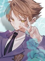  1boy absurdres bishounen black_necktie blazer blue_flower closed_mouth collared_shirt english_commentary flower highres hitachiin_hikaru jacket jitome looking_to_the_side male_focus necktie orange_hair ouran_high_school_host_club ouran_high_school_uniform purple_jacket school_uniform shirt short_hair solo u-sama_(u_summer0719) upper_body v white_background white_shirt yellow_eyes 