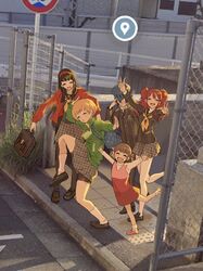  5girls :d ^_^ amagi_yukiko backpack bag bike_shorts_under_skirt black_hair blush brown_hair chain-link_fence closed_eyes doujima_nanako embarrassed fence full_body google_maps google_street_view green_jacket hairband high_school_girls_posing_for_google_street_view_(meme) highres jacket kujikawa_rise kurosususu long_hair meme multiple_girls open_mouth outdoors overhead_line pantyhose persona persona_4 photo-referenced photo_background raised_curb road_sign satonaka_chie school_uniform serafuku shirogane_naoto short_hair sidewalk sign smile standing standing_on_one_leg tactile_paving twintails yasogami_school_uniform 