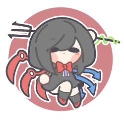  1girl :/ baek_ban black_dress black_hair black_socks bow bowtie chibi chibi_only closed_mouth dress holding holding_trident houjuu_nue medium_hair outline polearm rayman_limbs red_bow red_bowtie red_footwear socks solo touhou trident weapon white_outline 