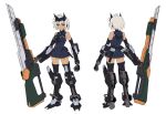  1girl boxcutter commentary_request dark_skin dress full_body headgear highres kumichou_(ef65-1118-ef81-95) looking_at_viewer mecha_musume mechanical_arms mechanical_legs multiple_views original red_eyes short_dress solo thigh-highs white_background white_hair zettai_ryouiki 